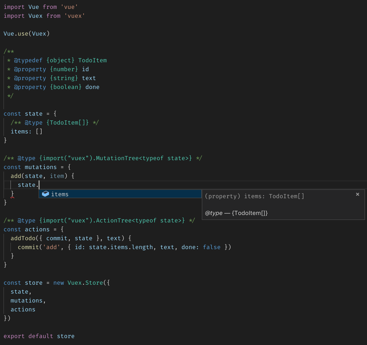 Vuex store implementation written in JavaScript
