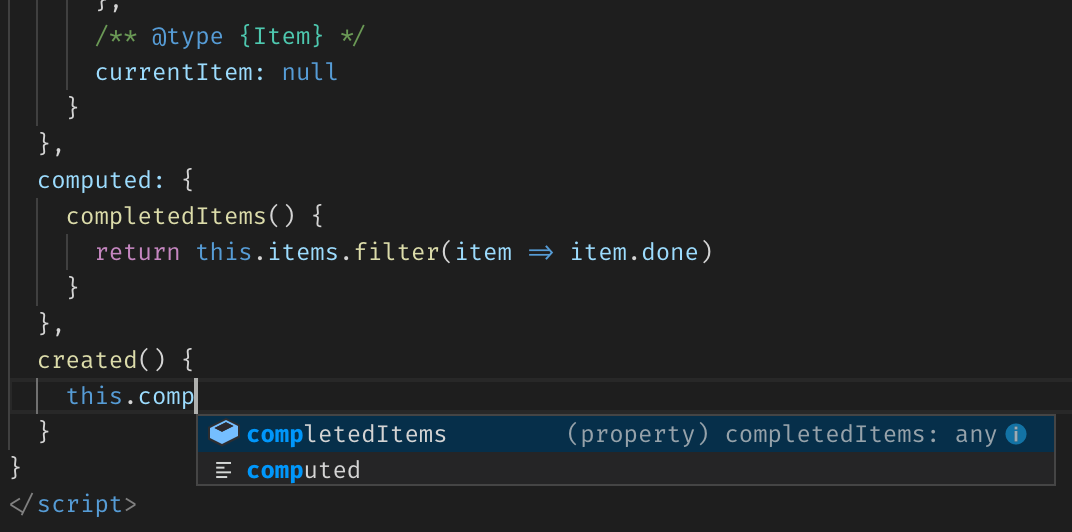 Vue component’s computed property in VS Code suggestions