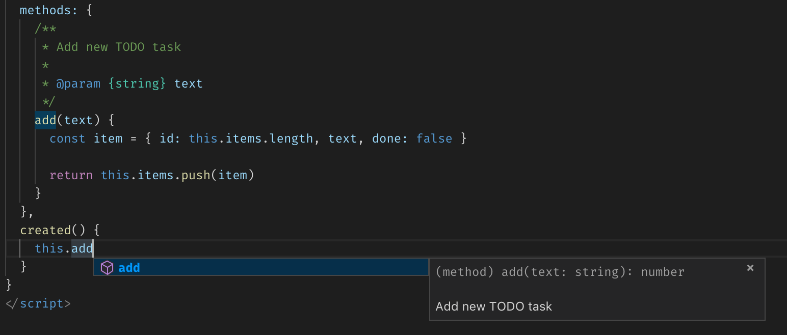 Vue component’s method name autocomplete suggestion in VS Code with complete type information and custom description