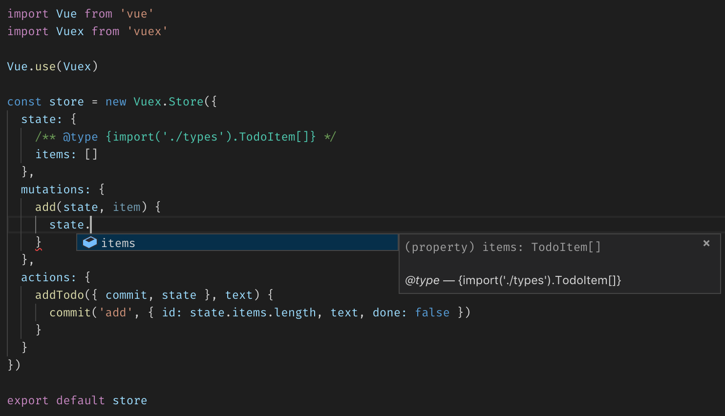 Vuex store implementation written in JavaScript using options syntax