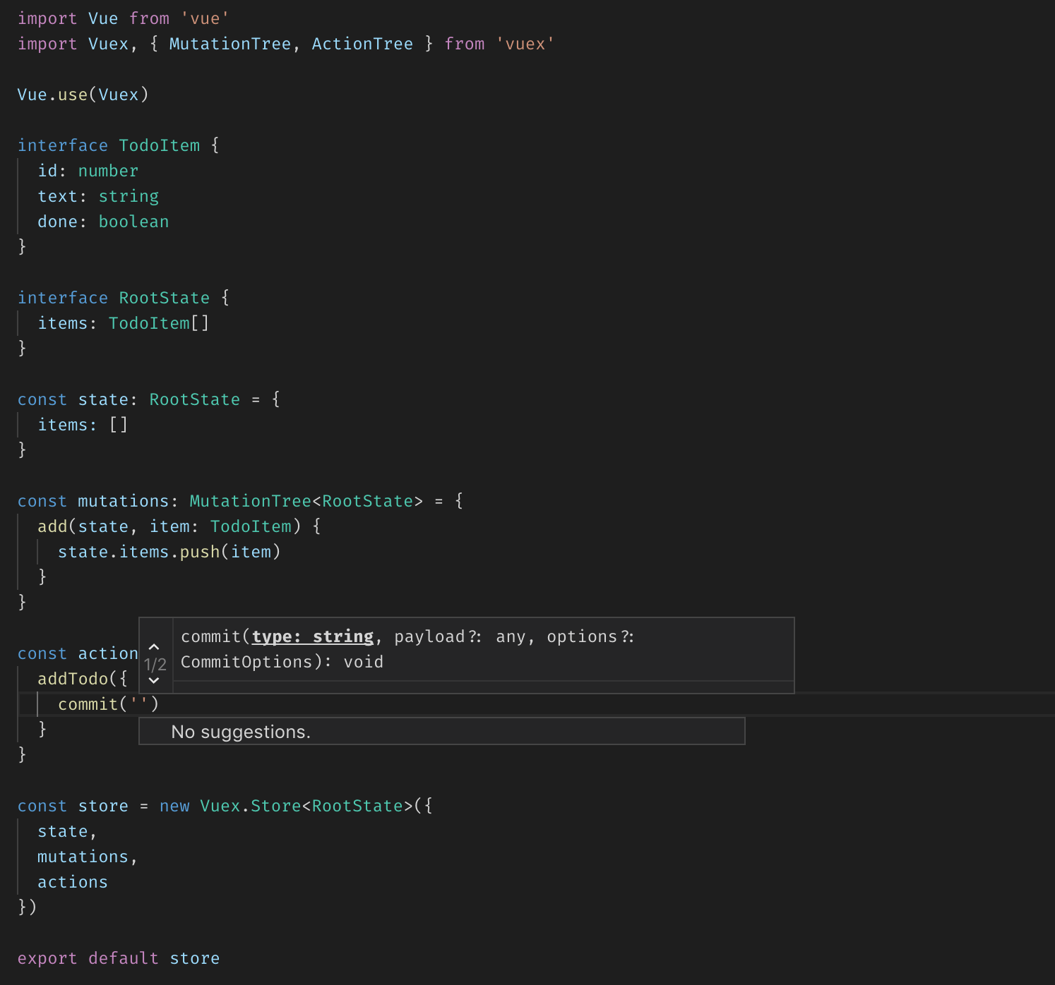 Screenshot: Intellisense in commit methods of vuex store
