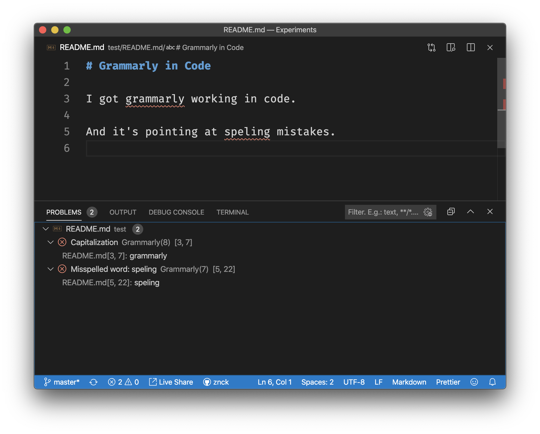 Screenshot of VS Code editor highlighting grammar issues and displaying Grammarly diagnostics