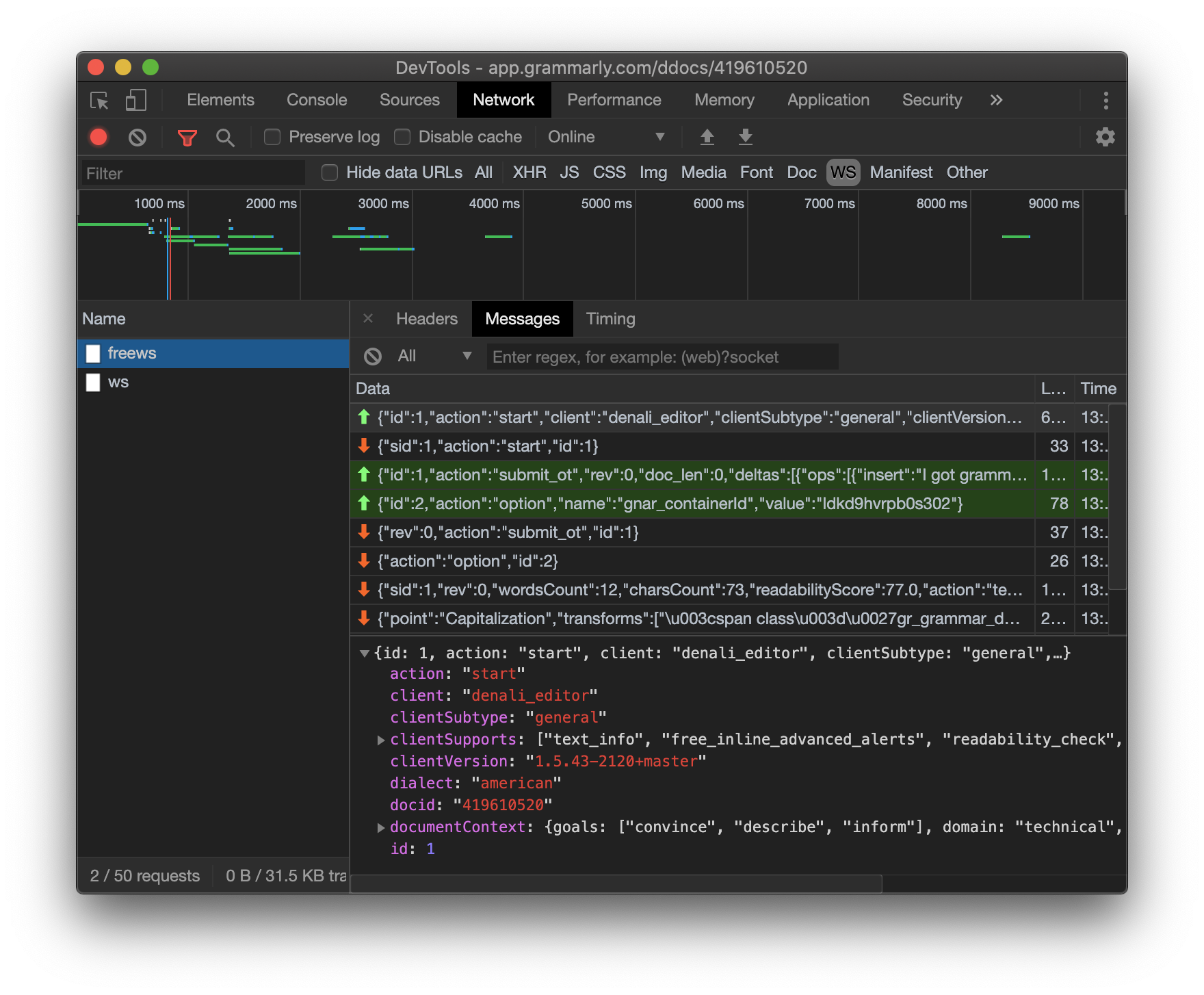 Screenshot of Chrome DevTools Network tab showing web socket connection to Grammarly API