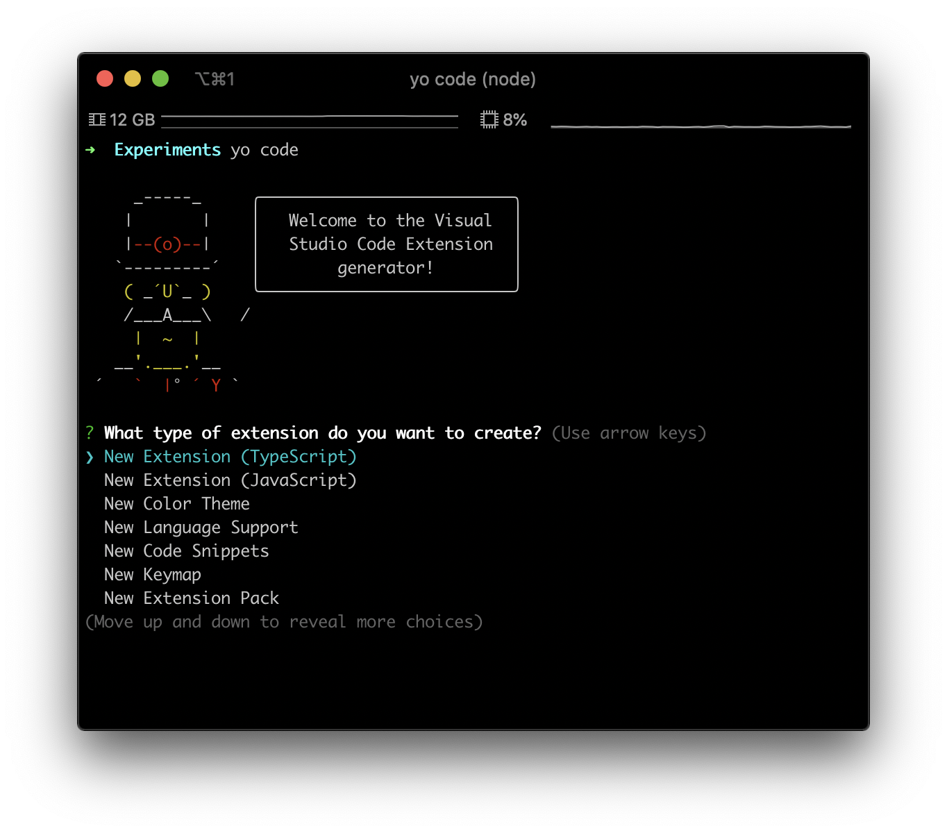 Screenshot of Yeoman Visual Studio Code Generator running in iTerm2 zsh shell