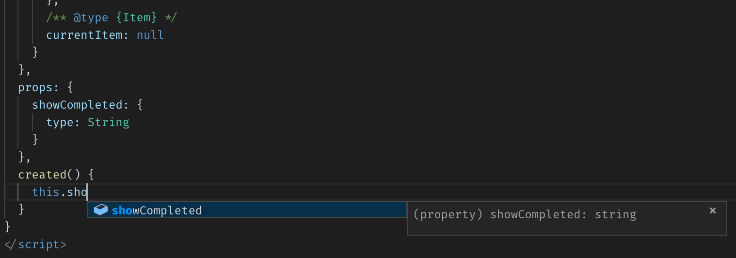 Vue component options with props as validator options having type key