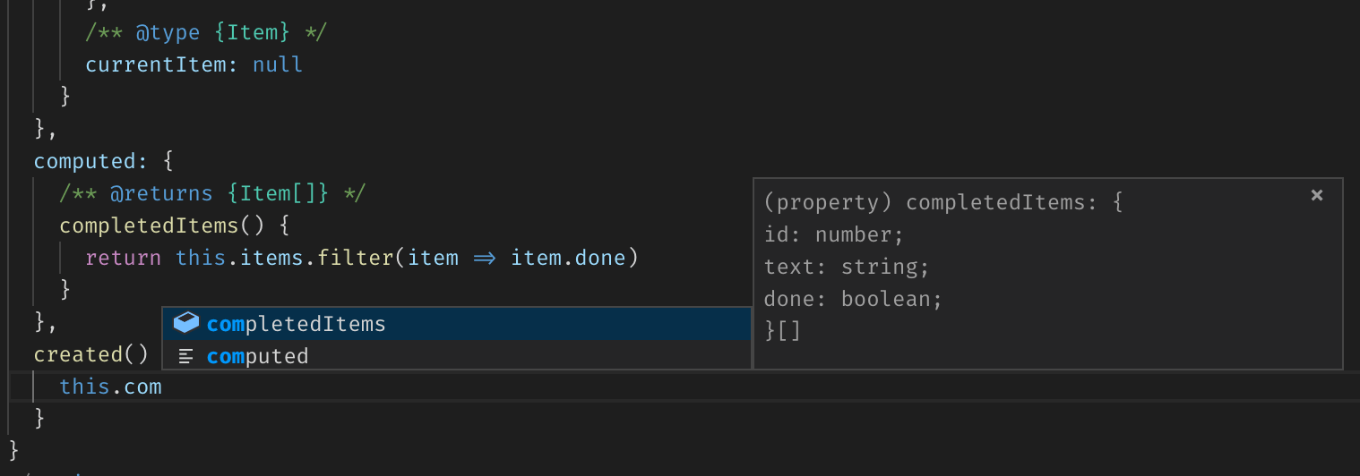 Vue component’s computed property with type information inferred from JSDoc in VS Code suggestions