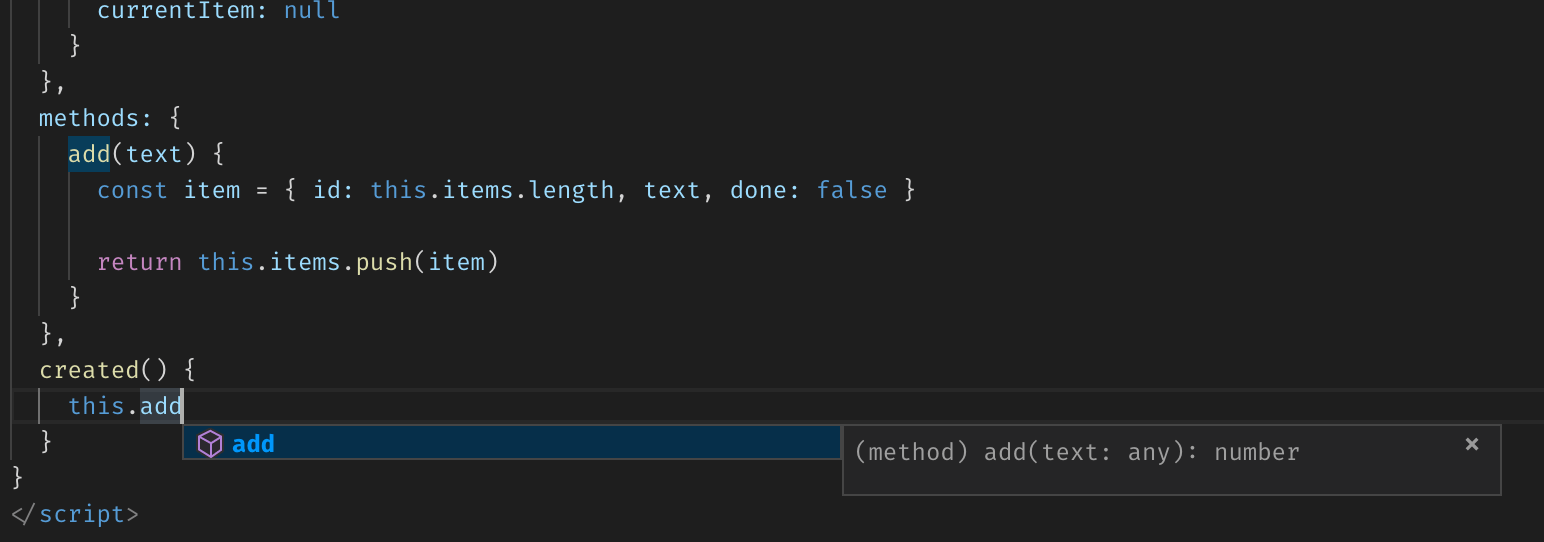 Vue component’s method name autocomplete suggestion in VS Code