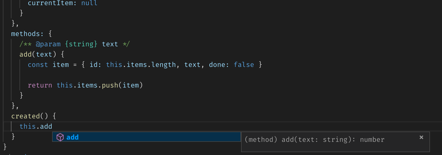 Vue component’s method name autocomplete suggestion in VS Code with complete type information