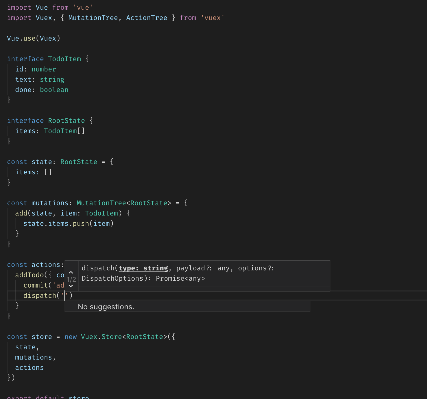 Screenshot: Intellisense in dispatch methods of vuex store