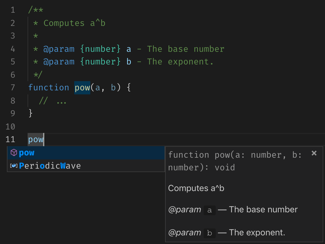 Screenshot: Editor intellisense using doc comments