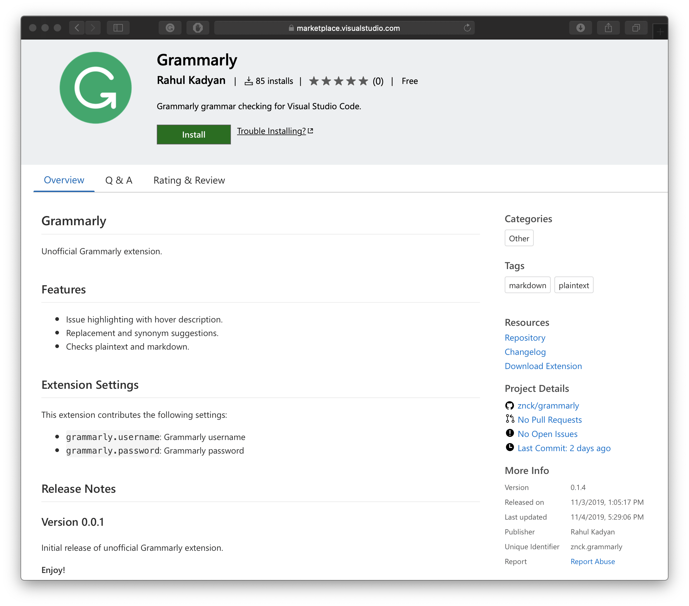 Screenshot of Grammarly extension on VS Code marketplace