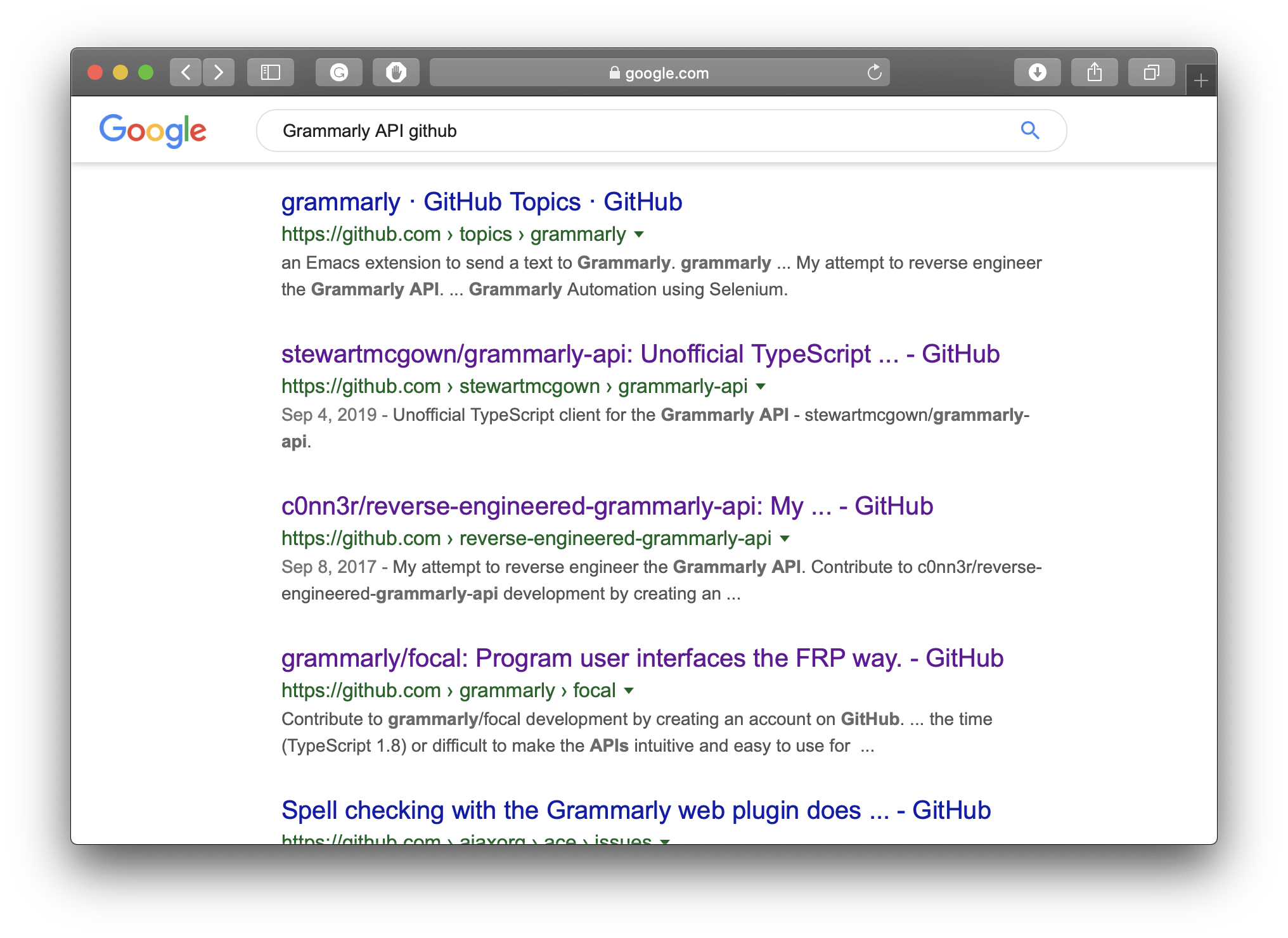 Screenshot of Google search results for query "Grammarly API Github"