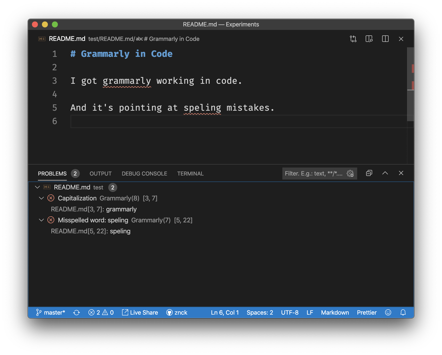 Screenshot of VS Code editor highlighting grammar issues and displaying Grammarly diagnostics